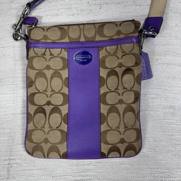 Coach Signature Monogram Canvas Purple Leather Trim Crossbody Bag - Picture 1 of 16